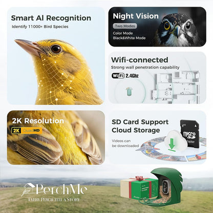 PerchMe® 2025 New AI Bird Feeder with Camera Solar Powered -2K HD Live View,Smart Bird House Camera Wireless Outdoor,DIY Add-ons,Pefect Birding Gift for Parents & Families