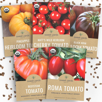 Organic Tomato Seeds Variety Pack - 5 Individual Packs - 2025 Season - Roma, Beefsteak, Cherry, Black Krim & Pineapple. for Indoor & Outdoor Planting (Non-GMO, Certified Organic)