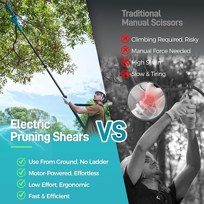 GEVEELIFE 2-in-1 Electric Pruning Shears Cordless, 1.6" Cutting Diameter, Electric Tree Pruner with 12.8Ft Reach Extension Pole, 2×4.0Ah Battery Powered Pole Pruner for Tree Trimming