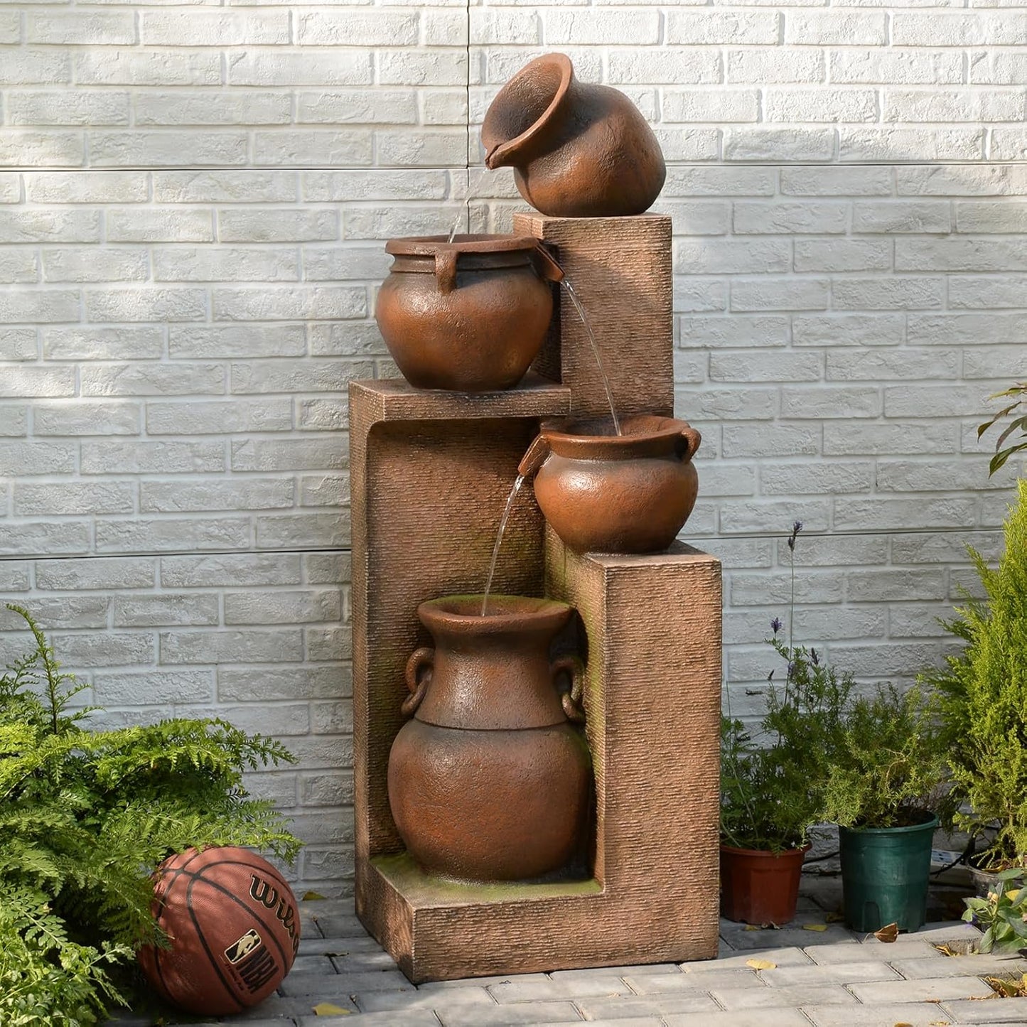 53" H Patio Water Fountain-The 4 Cascading Modern Feature Crocks Garden Fountains and Waterfalls with Warm Lights for Porch, Deck, Patio, Backyard Home Décor (Gold)