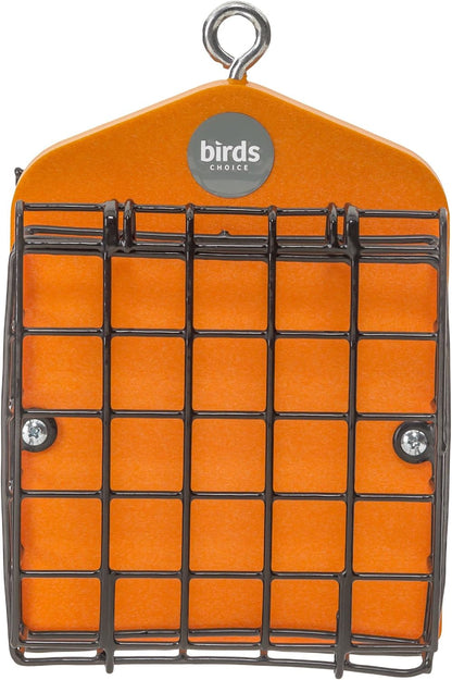 Birds Choice Suet Cage Feeder, Holds 2 Suet Cakes | Hanging Bird Suet Feeder for Woodpeckers, Jays, Nuthatches | Vinyl Coated Grids | Sturdy for Garden, Backyard, Outdoor | Orange, 5" L x 4" W x 8" H
