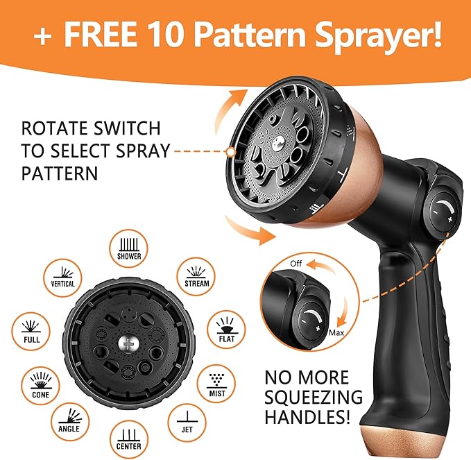 50 ft Expandable Garden Hose – 2025 Upgarded Garden Hose w/10 Pattern Thumb Spray Nozzle, 650psi Pure Brass 3/4” Fittings – Lightweight, Durable, and Kink-Free(Black Rose Gold)