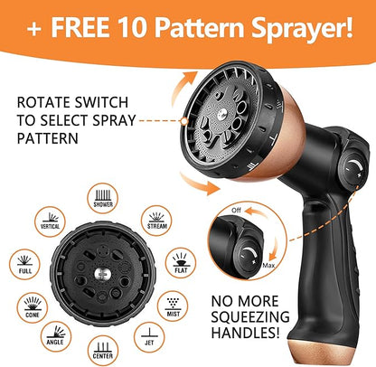 50 FT Garden Hose – 2025 Upgarded Expandable Garden Hose w/10 Pattern Thumb Spray Nozzle, 650psi Pure Brass 3/4” Fittings – Lightweight, Durable, and Kink-Free(Black Rose Gold)