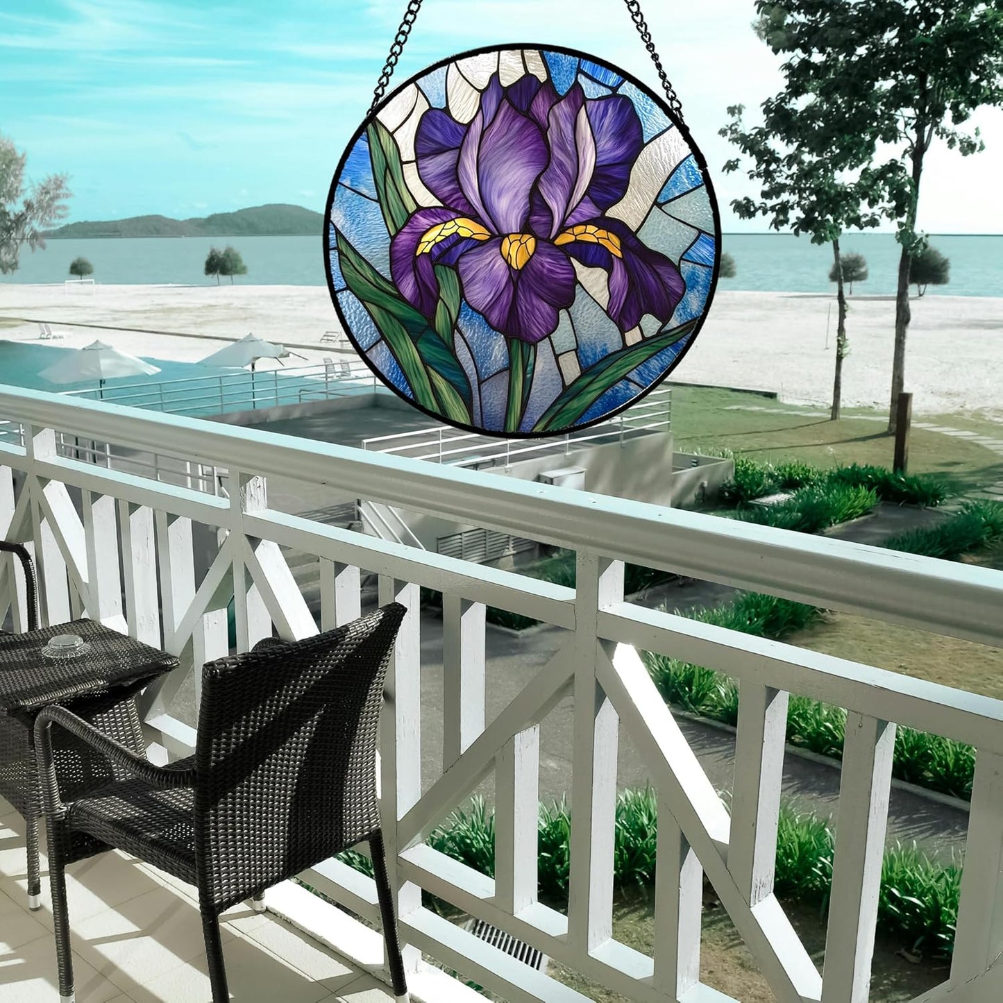 Stained Glass Window Hanging - Iris Birth Flower Suncatcher for Doors Garden Yard Purple Blue Sun Catchers Decor Christmas Mother's Day Birthday Gifts for Teacher Women Mom Nana 9.8 in