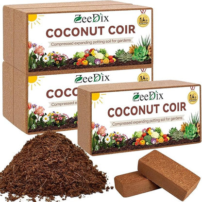 ZeeDix 5 Pack Coconut Coir Bricks, 100% Organic Compressed Coco Coir Brick Seed Starter Potting Soil for Plants, Premium Coconut Fiber Substrate with Low EC & pH Balance for Gardening Flower Herbs