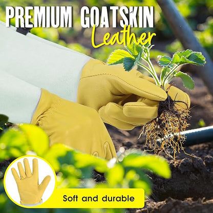 HANDLANDY Rose Gloves for Men & Women, Long Leather Gardening Gloves Thorn Proof, Best Garden Gifts & Tools for Gardener (Yellow-beige, Medium (Pack of 1))