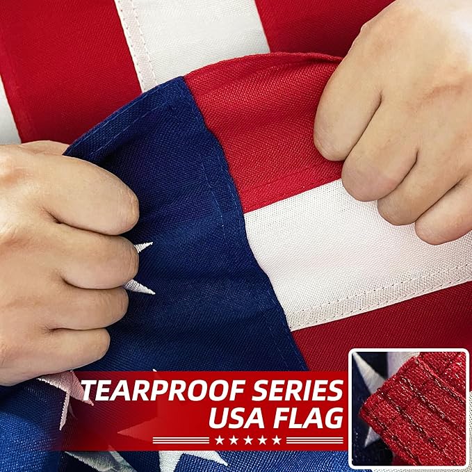 Premium American Flag 5x8 Ft TearProof Series for Outside, Heavy Duty Outdoor，Longest Lasting, Super Tough Fade Resistant Spun Polyester, High Wind US Outdoor Flags Embroidered Stars, Sewn Stripes, Brass Grommets
