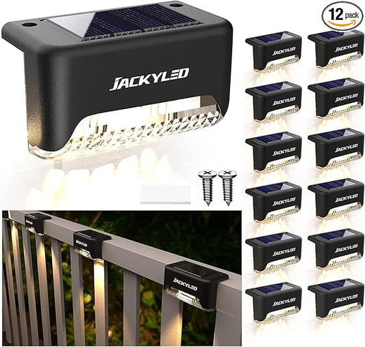 JACKYLED 12 Pack, Step Lights Waterproof LED Solar Power Outdoor Fence Light for Deck Stair Railing, Outside Lighting for Wall Garden Backyard Patio Balcony Decor