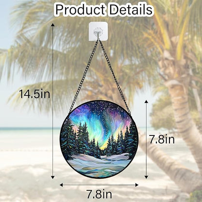 Stained Glass Window Hanging, Aurora Landscape Sun Catchers Glass Panel Green Trees Suncatcher Decor for Birthday for Women, Men, Wife, Aunt, and Mom 7.8 in