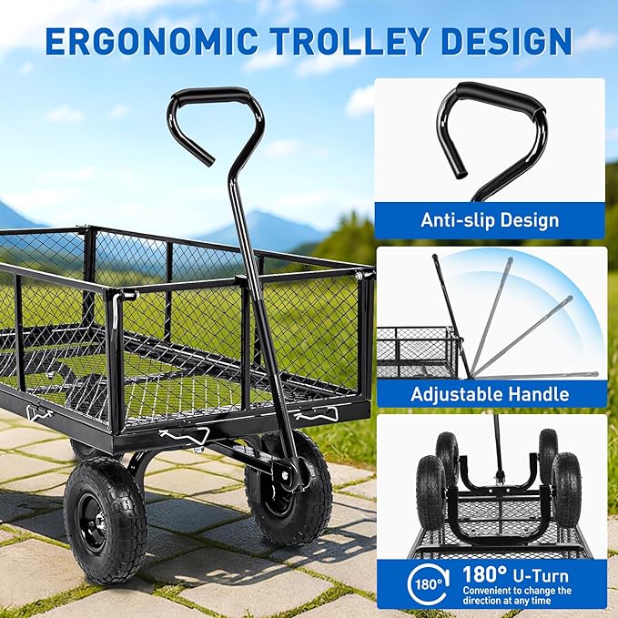 Yesker Steel Garden Carts - 1100lbs Dump Wagon with All Terrain Inflatable Wheels for Yard Lawn Farms Gardening - Heavy Duty Utility Outdoor Hauling Wheelbarrow