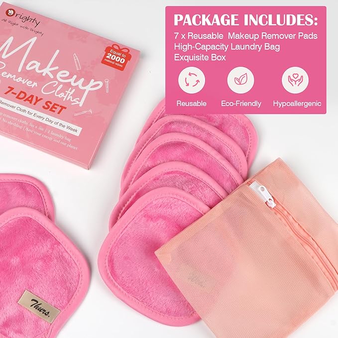 Orighty Makeup Remover Cloths 7-Day Set, Premium & Reusable Makeup Remover Pads, Erase Make-up With Just Water, Make-up Set For Eyes, Lips, Foundation and more, Ideal Choice For Women (Pink)