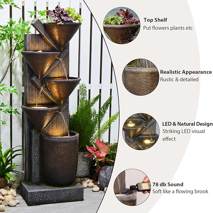 49.6" H Water Fountain Outdoor with LED Lights & Pump, 5-Tier Cascading Outdoor Fountain for Garden,Patio,Porch,Backyard,Home Art Decor (Brown)
