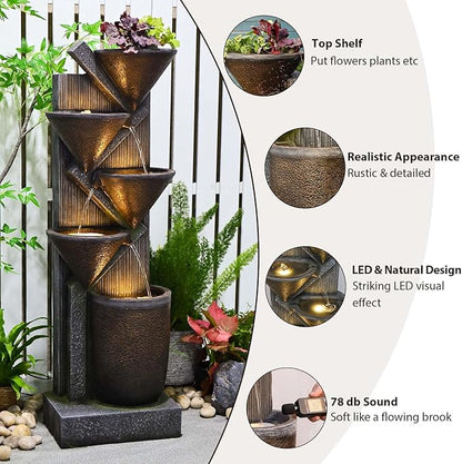 49.6" H Water Fountain Outdoor with LED Lights & Pump, 5-Tier Cascading Outdoor Fountain for Garden,Patio,Porch,Backyard,Home Art Decor (Brown)