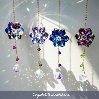 HDCRYSTALGIFTS 4pcs Crystal Flower Suncatchers for Window Hanging Ornaments, Rainbow Maker Crystal Sun Catchers Indoor Window Outdoor Patio Garden Decor Gifts (Multicolor)