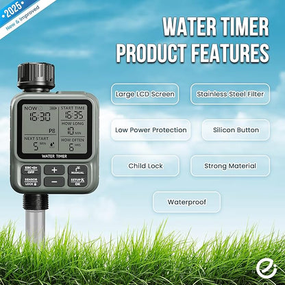 Water Timer for Garden Hose - Large LCD Display, Sprinkler Timer | Programmable Water Hose timer for Automatic Watering System | Irrigation System for Garden, Lawns, Greenhouses, Backyard
