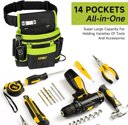 Tool Belt,Magnetic Tool Pouch,14-Pockets Tool Belts for Men,Detachable & Adjustable Tool Pouch belt for Electrician,Carpenter,Construction,Work Apron,Utility Belt,Black-Green