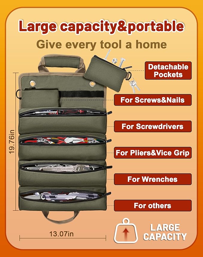 QcoQce Heavy Duty Oxford Tool Roll, Waterproof Durable Tool Bag with 6 Pockets, Tool Organizer for Garage, Vehicle Maintenance, Home Repairs, Portable Roll Up Tool Bag Gift for Men