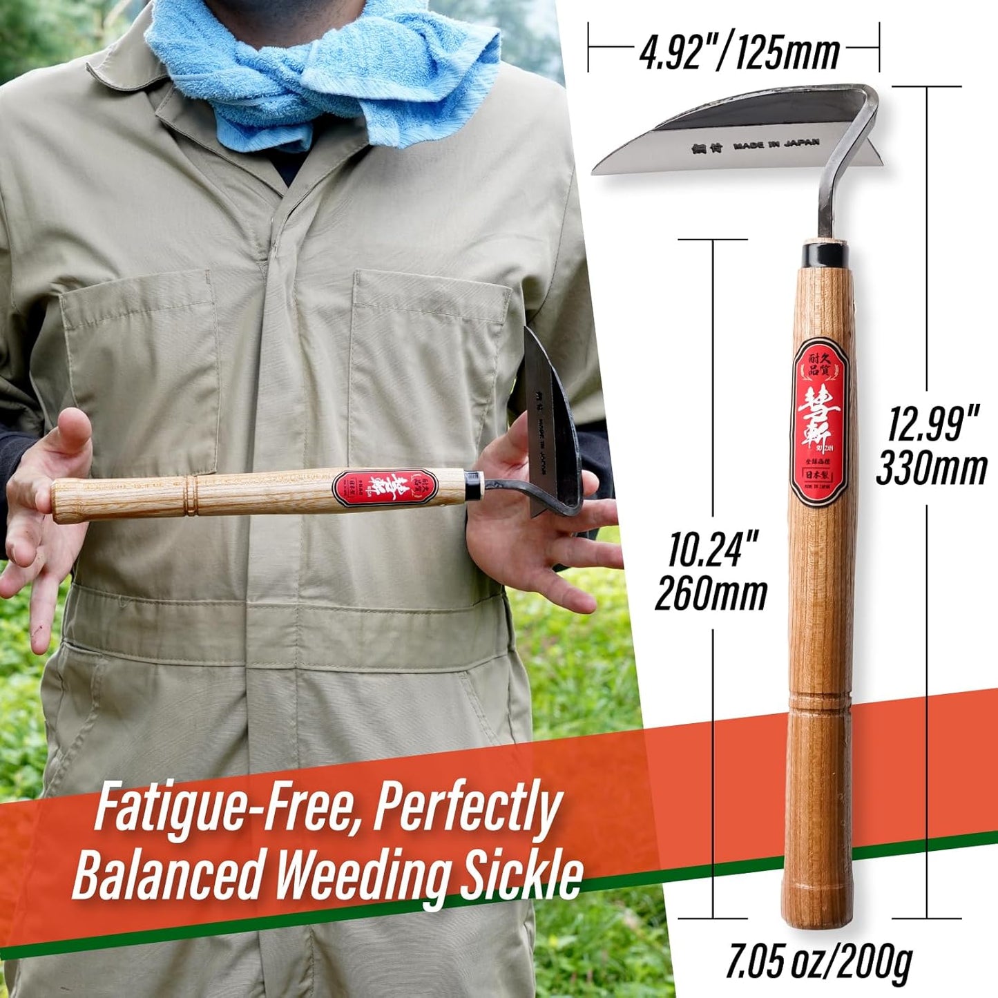 SUIZAN Nejiri Kama Weeding Sickle 13" - Professional Japanese Hand Weed Puller Garden Hoe Gardening Tools