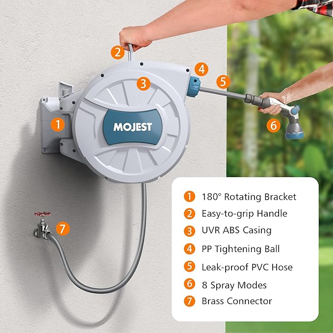 Retractable Garden Hose Reel - 1/2 in x 100 ft Wall Mounted Heavy Duty Water Hose Reel with Automatic Slow Rewind System, 180°Swivel Bracket, 2 Hose Nozzle, Light Gray