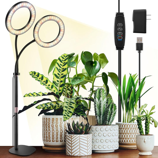Dual Heads Grow Lights for Indoor Plant Full Spectrum, Desk Halo Plant Lights for Indoor Growing with 3/9/12 Timer, 5 Dimmable Levels,Height Adjustable 9.4-23.6",Strong Metal Base Happy Light