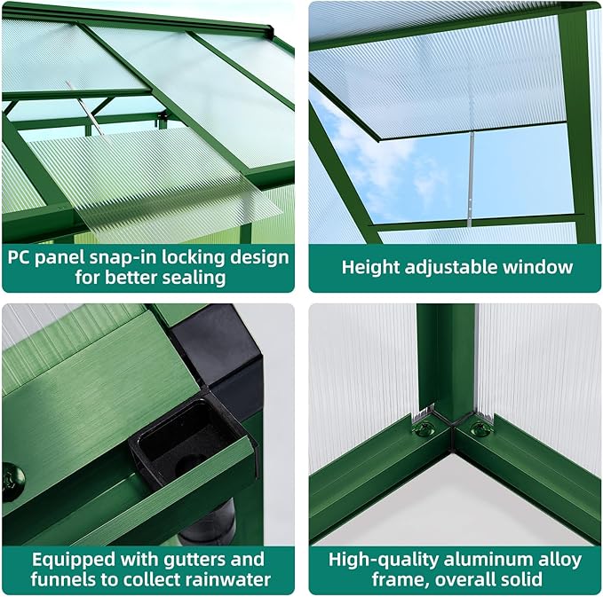 6x8 FT Polycarbonate Greenhouse with Roof Vent - Large Aluminum Walk-in Greenhouse Kit for Gardening, Backyard, Patio, Lawn - Easy Assembly