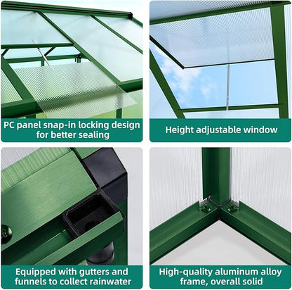 6x8 FT Polycarbonate Greenhouse with Roof Vent - Large Aluminum Walk-in Greenhouse Kit for Gardening, Backyard, Patio, Lawn - Easy Assembly