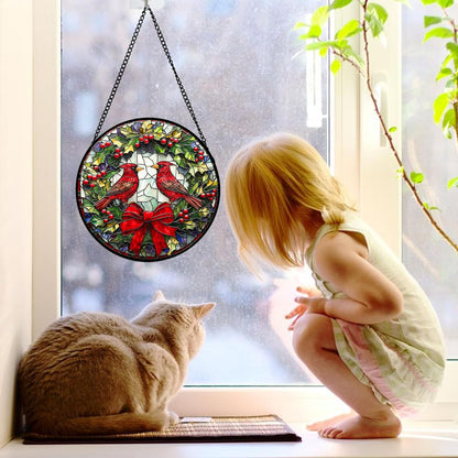 Stained Glass Window Hanging - Cardinals Green Wreath Suncatcher for Doors Home Christmas Decoration Red Bird Sun Catcher Thanksgiving New Year Birthday Gift for Women Men Mom Nana 7.8 in