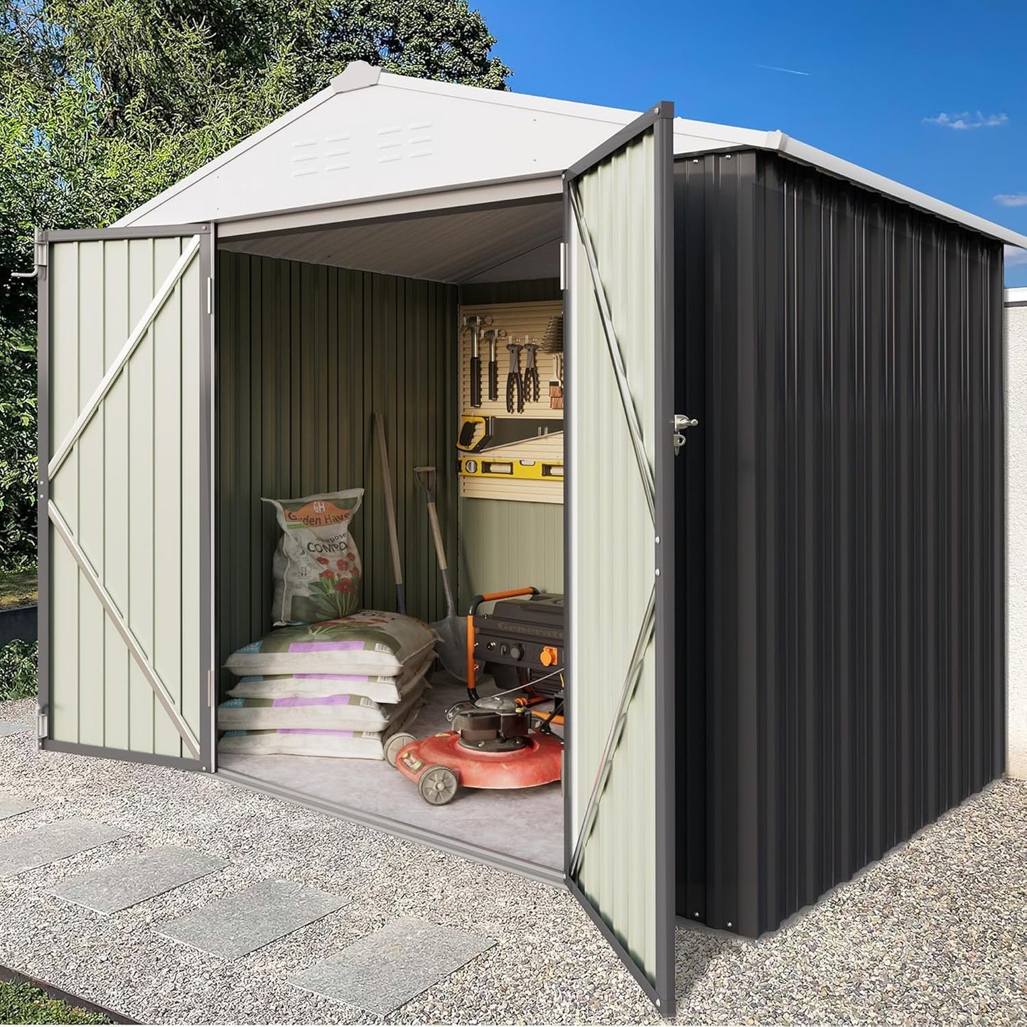 Greesum 8x6FT Outdoor Storage Shed, Utility Tool Shed Metal Storage Garden Shed with Door & Lock for Patio Storage, Gray