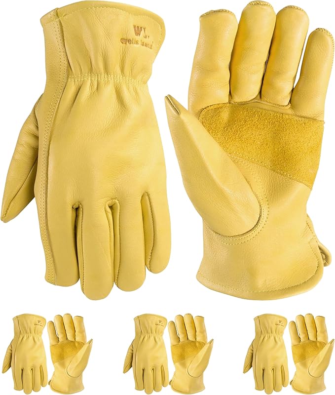 Wells Lamont 3-Pack Leather Work Gloves Men, Heavy Duty Leather Gloves for Men, Saddletan, Large (1129LF)