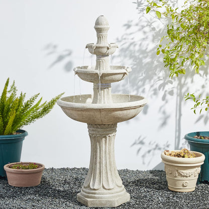 Glitzhome Outdoor Fountains and Waterfalls 3 Tier Patio Fountain with Pump & LED Light, Resin Terrazzo Water Fountains Oversized Outdoor Floor Stand Fountain for Garden Backyard Yard Lawn Sand Beige