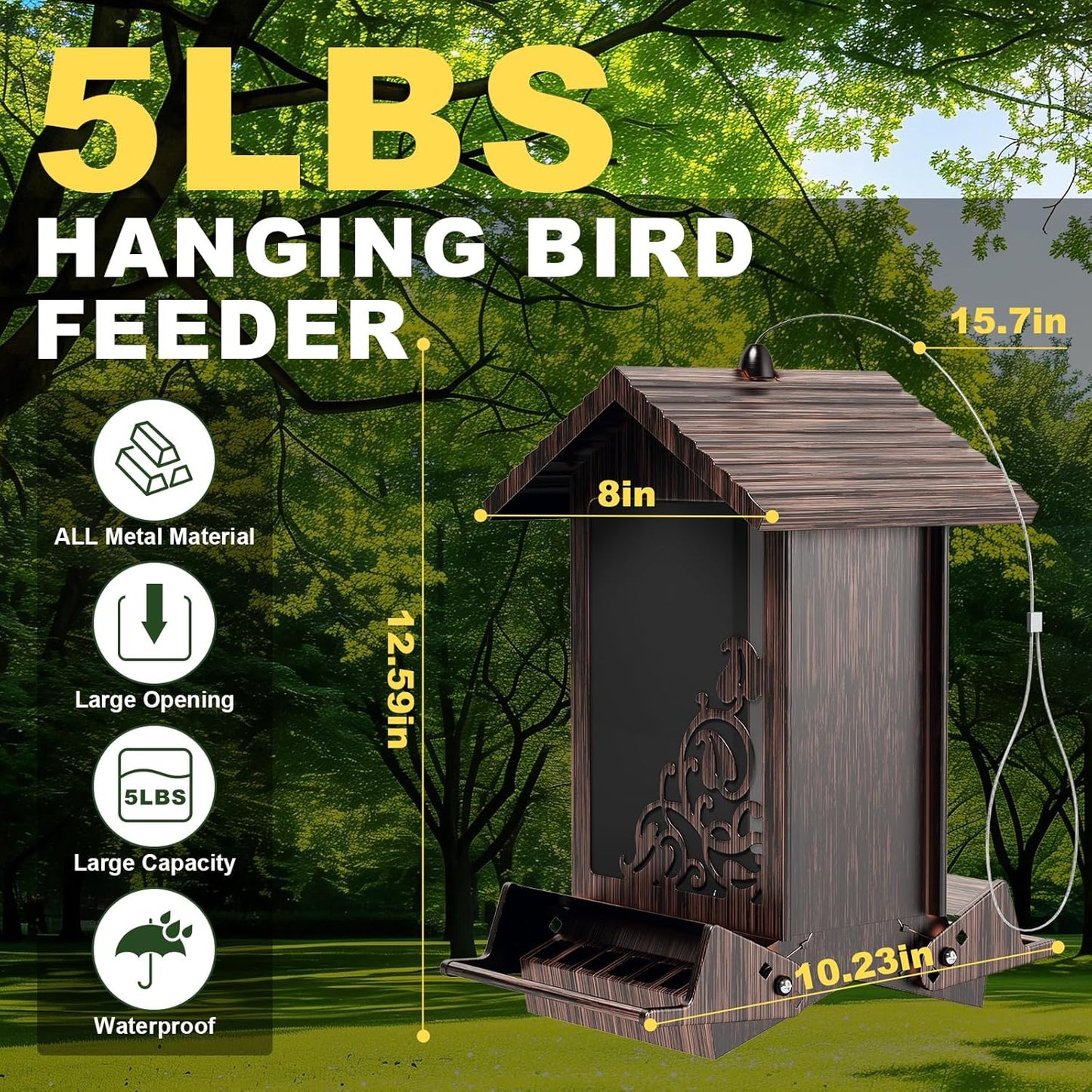 Squirrel Proof Bird Feeder for Outdoor Hanging,Metal Bird Seed Feeder with Bilateral Weight Activated Perches,5LB Large Capacity Wild Bird Feeders for Outside,Easy Refill and Clean,Brown
