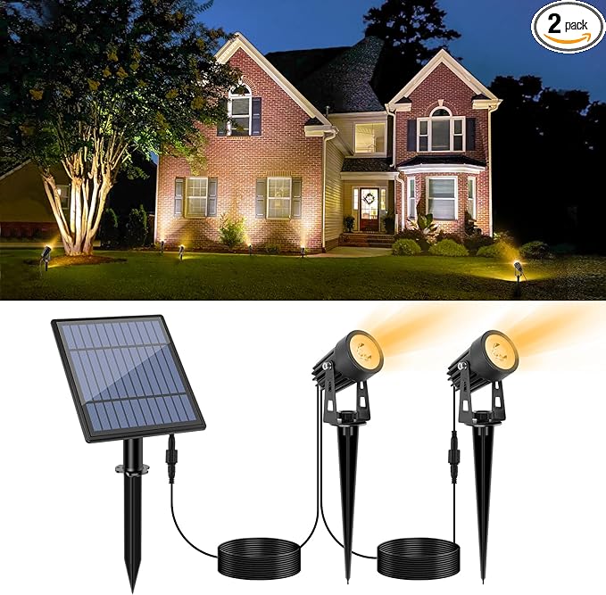 APONUO Metal Solar Spot Lights Outdoor with 9.8ft Cable Solar Powered Landscape Lighting Low Voltage IP65 Waterproof Auto On/Off for Outside Garden Yard Landscape Pathway Garage-Warm White(2-in-1)
