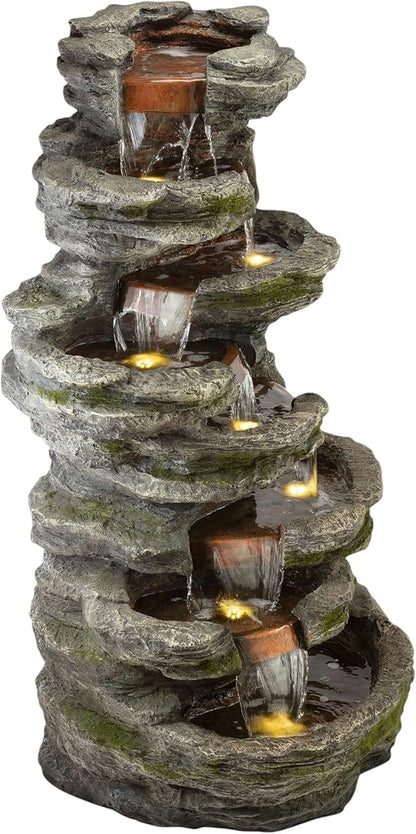 Alpine Corporation WIN1146 Outdoor Floor Cascading 8 Tiered Rock Garden Water Fountain with LED Lights, 58", Gray