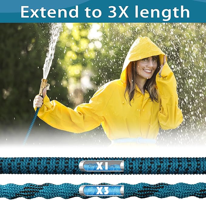 200 ft Expandable Garden Hose - Water Hose w/10 Function Spray Nozzle, Lightweight, No-Kink Flexible Hose with 3/4" Brass Fittings and 4-Layer Latex Core, 200ft Retractable Stretch Hose (Blue Black)