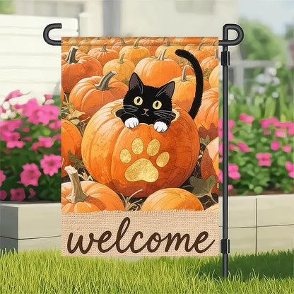 Thanksgiving Fall Garden Flag 12x18 Inch Welcome Black Cat Flag Double Sided Outdoor Autumn Yard Banner with Pumpkins and Paw Print for Porch Lawn Patio Seasonal Decor