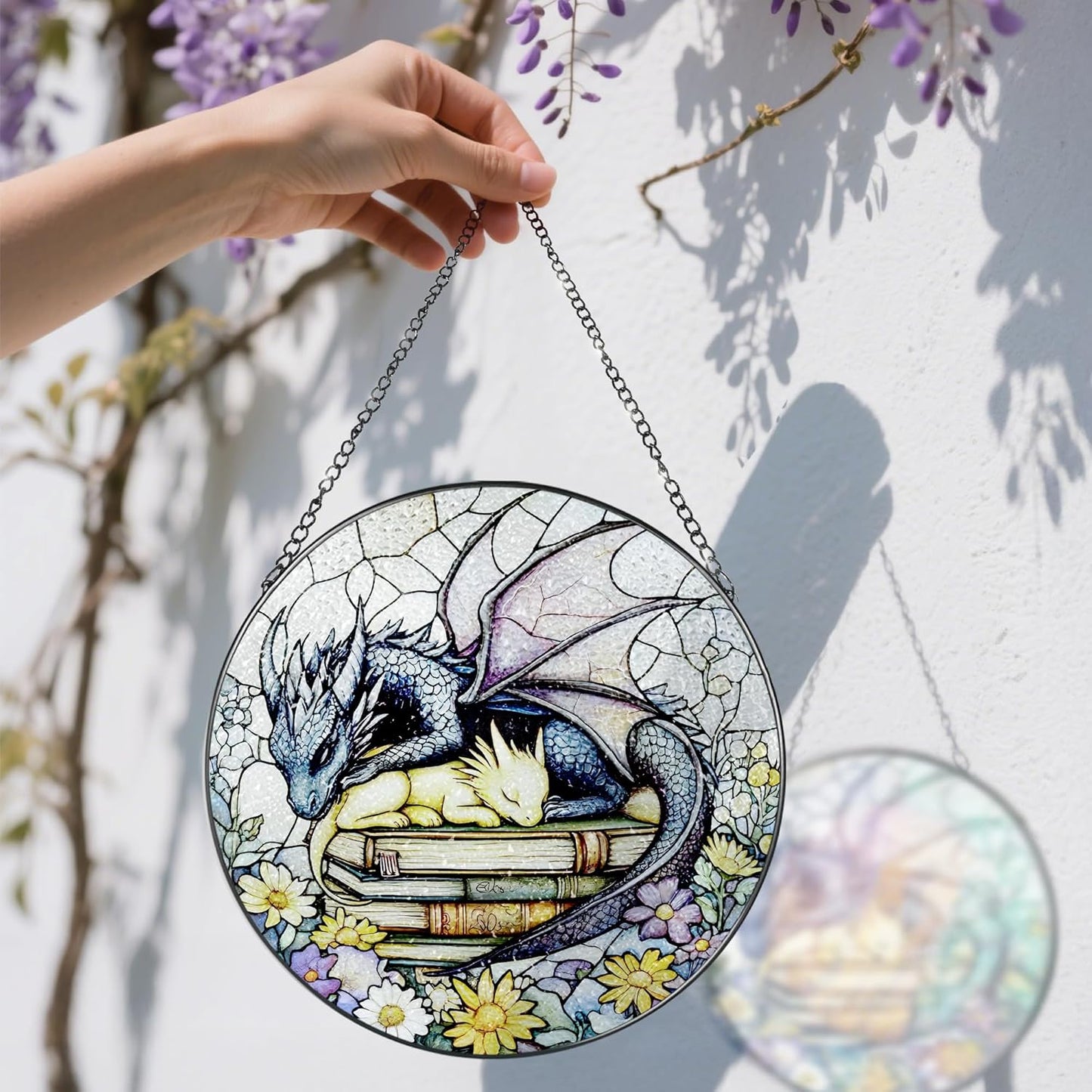 Stained Glass Window Hanging, 8 Inch Dragon Stained Glass Suncatcher, Dragon Decor, Home Decor for Windows, Book Lover Gift, Gifts for Book Lovers, Gifts for Bookworm on Birthday Christmas
