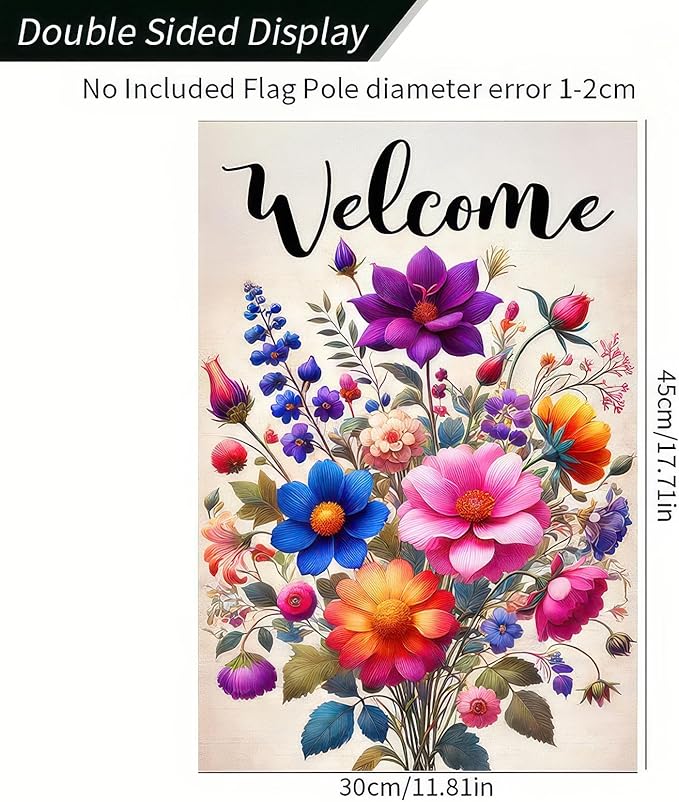 Welcome Spring Garden Flag 12x18 Double Sided Small Floral Flower Garden Yard House Flags Outside Outdoor House Hello Spring Summer Decoration Wedding Anniversary Farmhouse Holiday