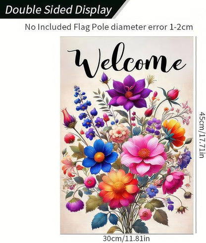 Welcome Spring Garden Flag 12x18 Double Sided Small Floral Flower Garden Yard House Flags Outside Outdoor House Hello Spring Summer Decoration Wedding Anniversary Farmhouse Holiday