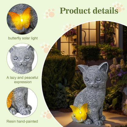 Solar Cat Garden Statue with Butterfly Light, Outdoor Garden Decor Cat Figurines Ornaments for Home Patio Yard Balcony Lawn, Cats Lover Gifts for Women, Mom, Grandma