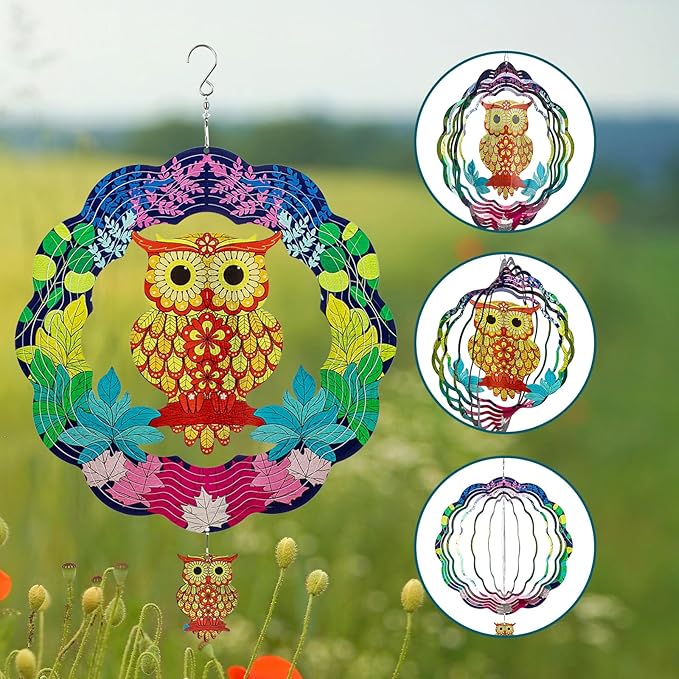 TUOKING Owl Wind Spinners Outdoor Metal 3D Hanging Art Wind Spinner 12 Inch Stainless Steel for Yard and Garden Decoration Worth Gift for Women