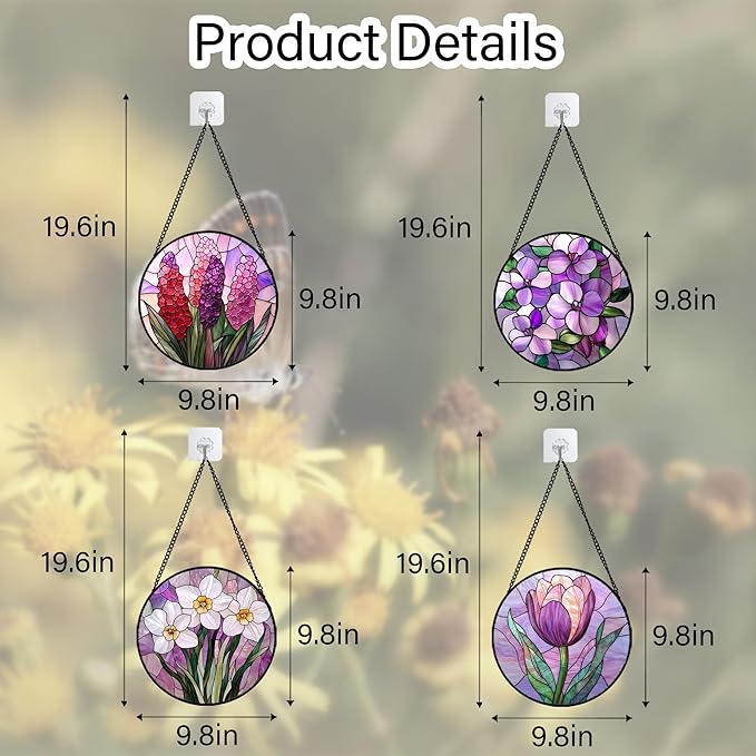 Stained Glass Window Hanging 4 Pcs Set Purple Flower Theme 9.8" - Tulip Suncatcher Door Garden Sun Catcher Decor Birthday Christmas for Plant Lovers Woman Nana Men