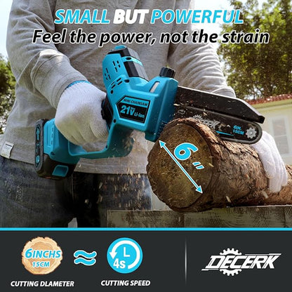 Mini Chainsaw Cordless - DECERK Brushless 6 Inch Electric Chain Saw, Portable Left Handheld Chainsaw Battery Powered for Tree, Branch, Wood, Best Gift Saw Tools for Household & Garden, Men Dad Husband