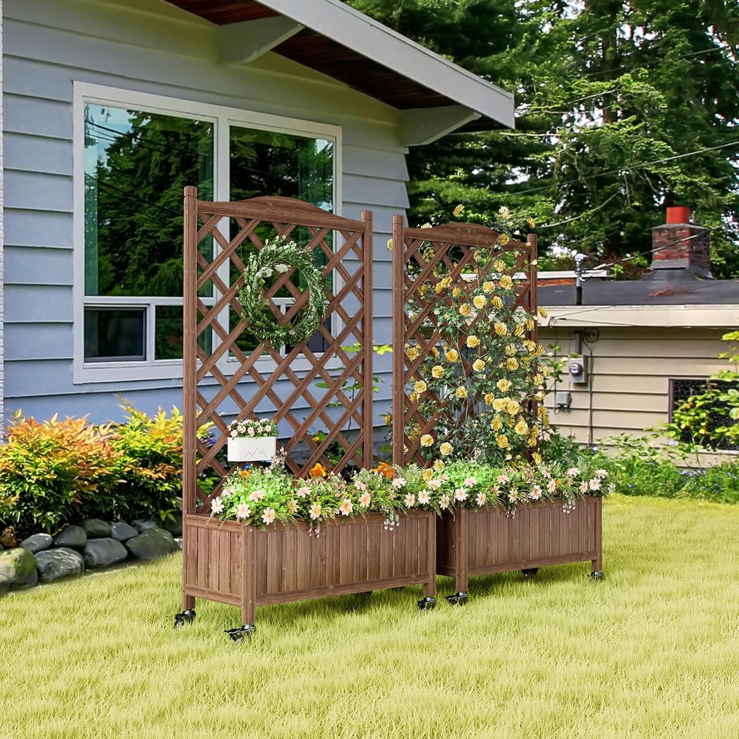 Upgraded 2-Pack 50" Tall Trellis Planter Box with Wheels, 49.8"H × 27.6"W × 13.0"D Solid Fir Wood Raised Garden Bed & Lattice Privacy Screen, Rolling Planter with Drainage for Patio/Garden