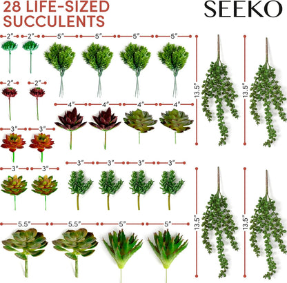 SEEKO Succulents Artificial Plants (28 Pack) - Artificial Succulents Unpotted - Premium Faux Plants - Fake Succulent for Craft - Small Plastic Assortment for Party, Cake, Garden, Home & Outdoor Decor