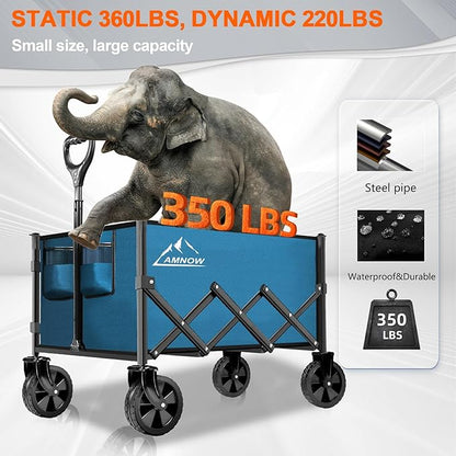 Collapsible Folding Wagon Cart, 350LBS Utility Large Capacity Cart Foldable Wagon with All Terrain Wheels, Grocery Wagons Carts for Garden Shopping Sports Camping, Blue