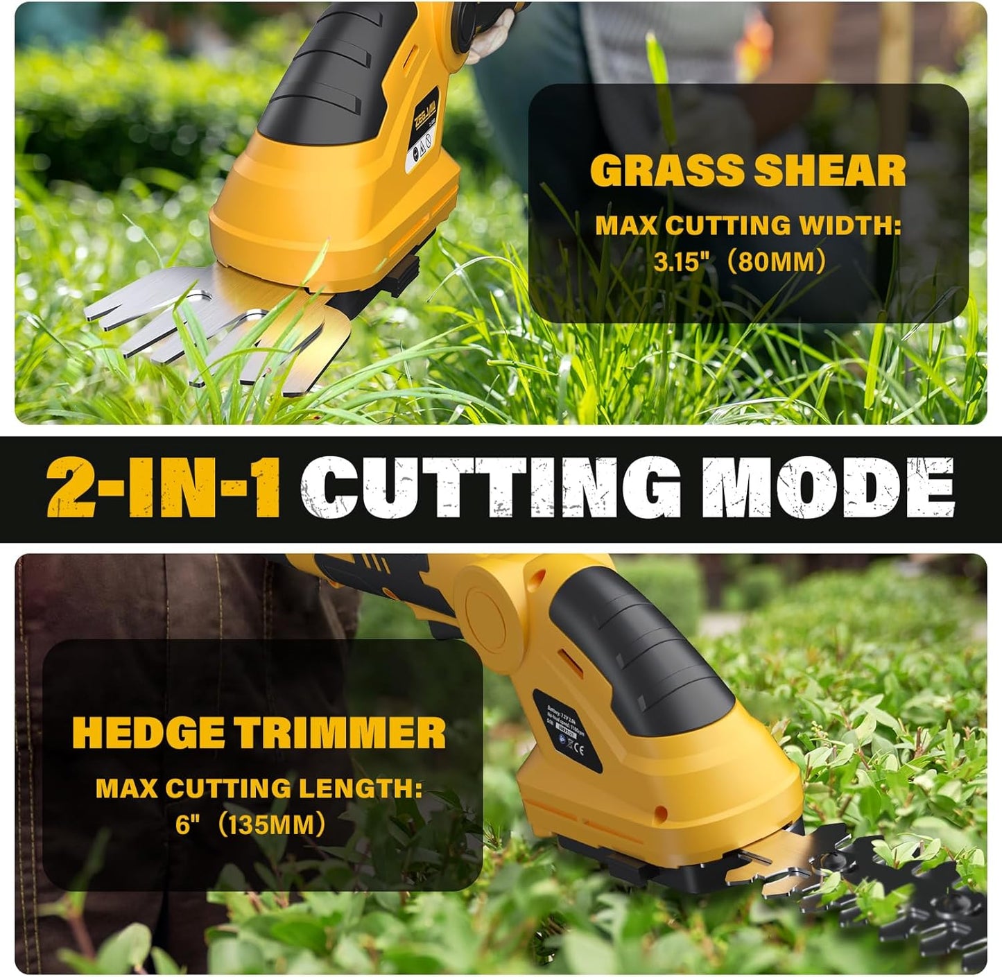 7.2V Cordless Hedge Trimmer & Grass Shears, 2 in 1 Electric Handheld Shrub Trimmer, Lightweight Rechargeable Bush Trimmers for Yard, Lawn, Garden