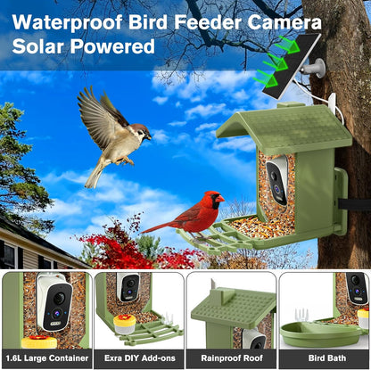 Smart Bird Feeder with Camera Solar Powered, AI Birds Species Identification, 2.5k HD Video Bird House with Camera for Outside, Weatherproof Design Ideal Gifts for Bird Lovers, Green