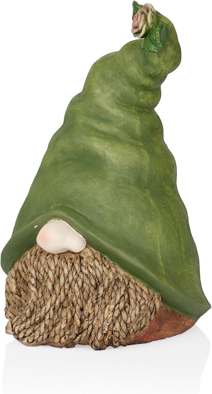 Alpine Corporation QWR1440 Outdoor Gnome Head with Rope Beard and Flower on Green Hat Garden Statue, 10" Tall