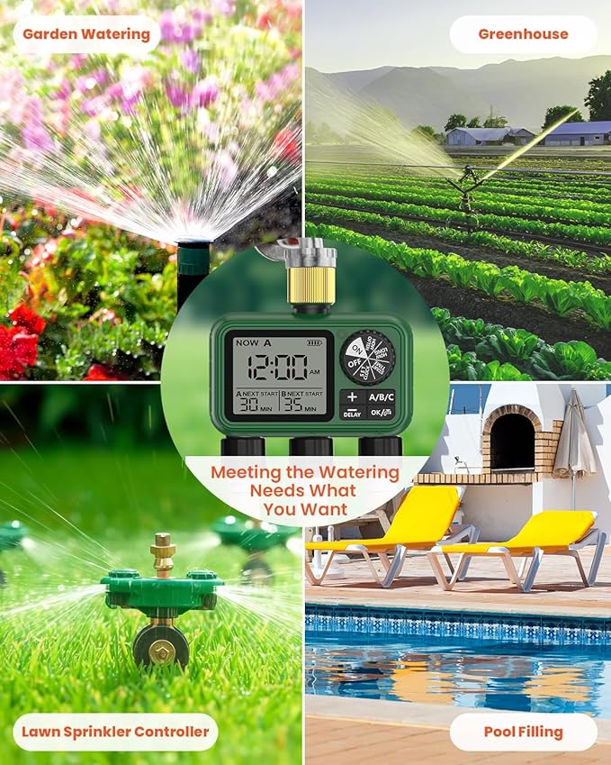 3 Outlet Sprinkler Timer Brass, XinFuture Programmable Water Sprinkler Controller for Yard, Lawn & Greenhouse, Automatic/Manual/Rain Delay Mode, Compatible with Drip Irrigation Systems