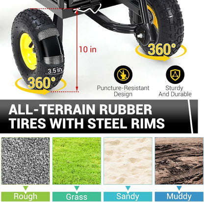 Heavy Duty Steel Garden Cart, 550 LBS 3 in 1 Pullable Metal Garden Wagon with 10" Wheels, 180° Rotating Handle and Removable Sides for Farm, Yard